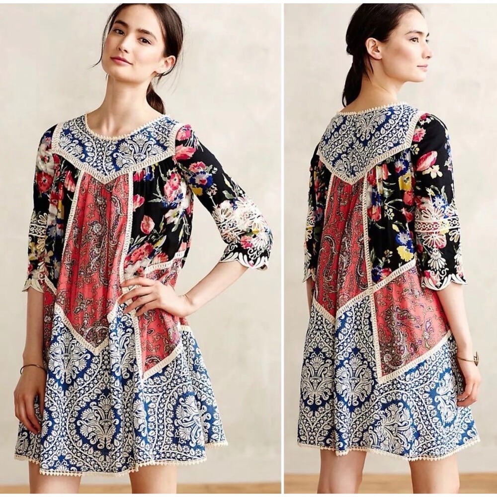 Vanessa Virginia Anthropologie Patchwork Floral Paisley Lace Trim Mini Dress 8